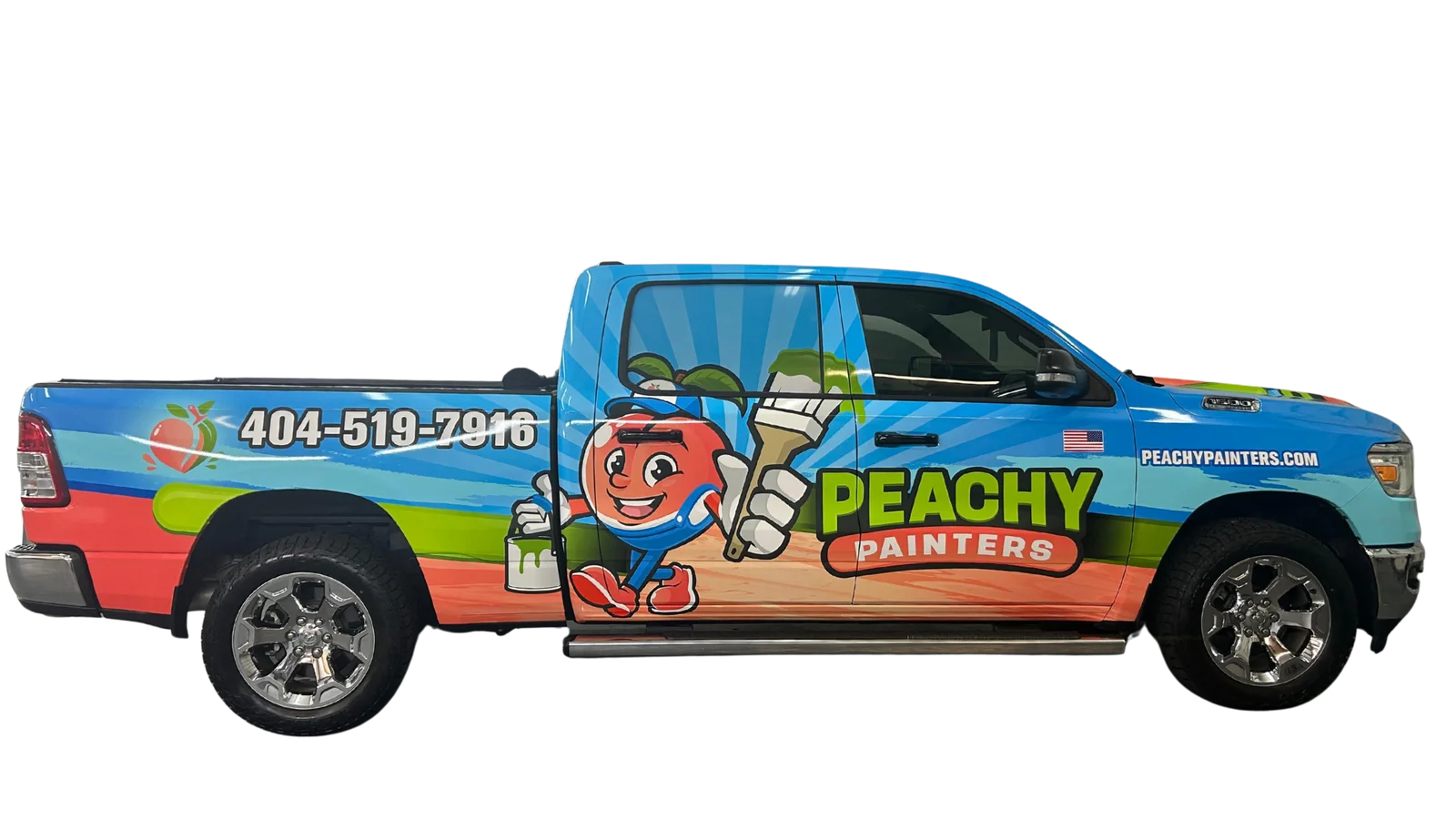 The same truck after colorful Peachy Painters commercial graphics