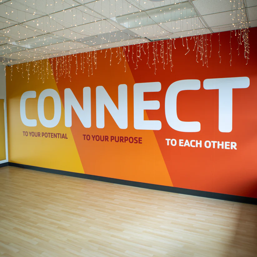 CONNECT wall graphic in orange and white